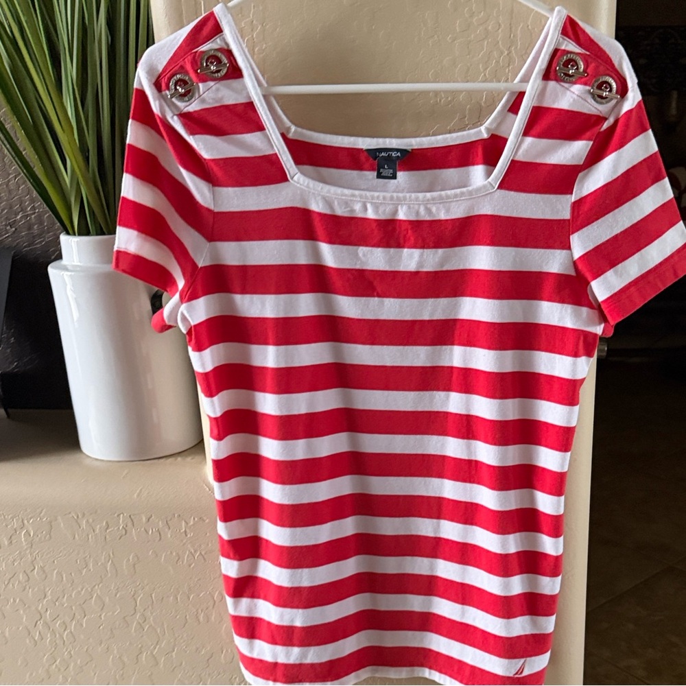 Nautica Red and White Striped Short Sleeve Top